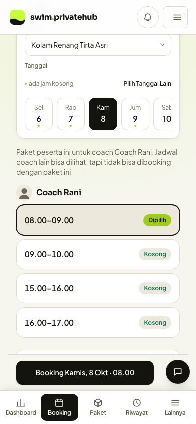 Layar memilih jam kosong dan booking di aplikasi