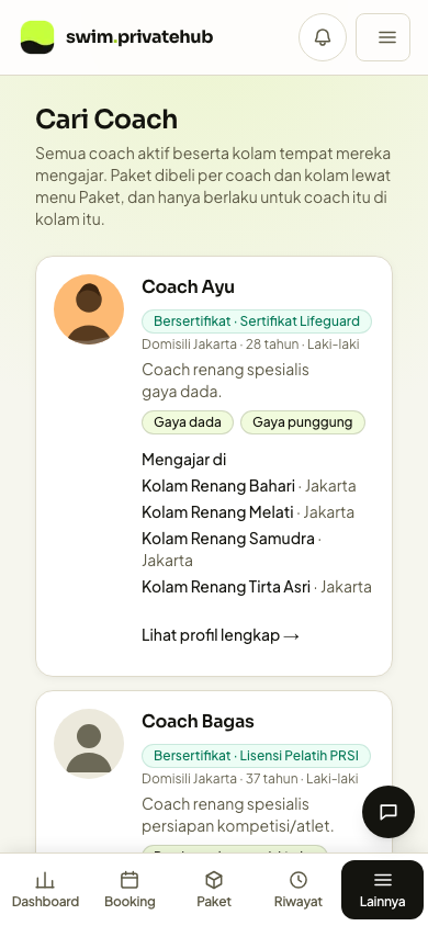 Layar pencarian coach di aplikasi Swim Private Hub